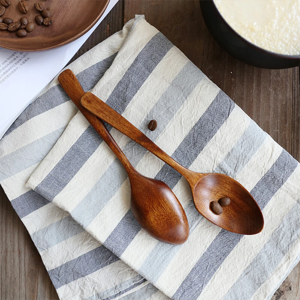 

5pcs Solid Nanmu Wooden Spoons Natural Handmade Long Handle Soup Rice Spoon For Eating Cooking Korean Japanese Meals Non-Stick