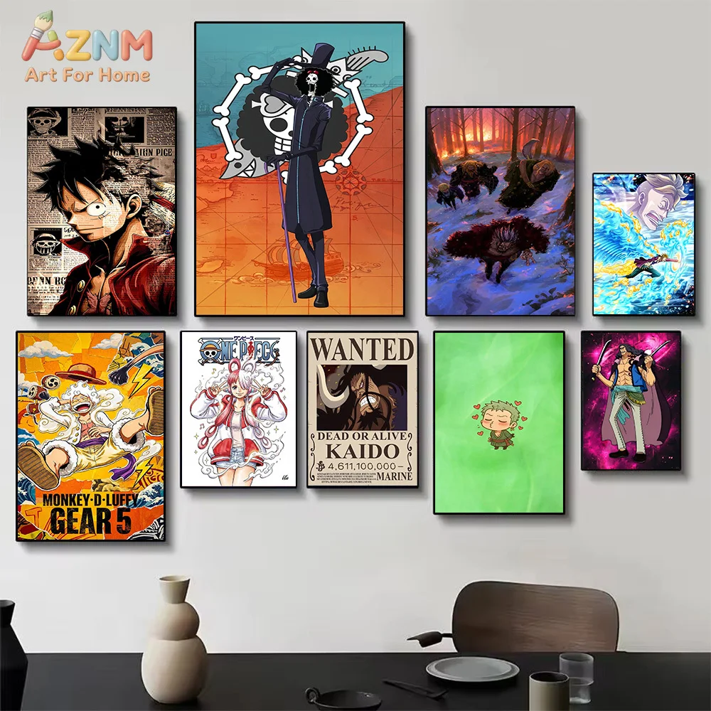 AZNM One Piece Anime Canvas Wall Art Monkey D Luffy Brook Marco Gear 5 Kaido HD Print Frameless Painting Japanese Manga Wanted P view 3