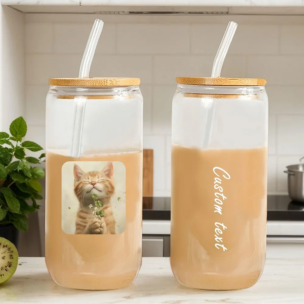

2pcs Set Drinking Glass with Bamboo Lid and Glass Straw 16oz Glass Cups with Photo Iced Coffee Cup for Coffee Bar Accessories