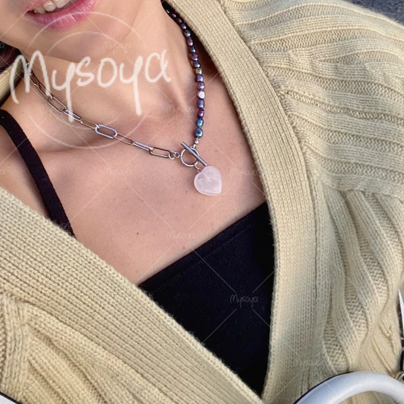 

MYSOYA 6-7mm Black Baroque Pearl Chain Necklace Pink Natural Stone Love Pendant, for Birthday/ Wedding/ Mother's Day Gift A0678