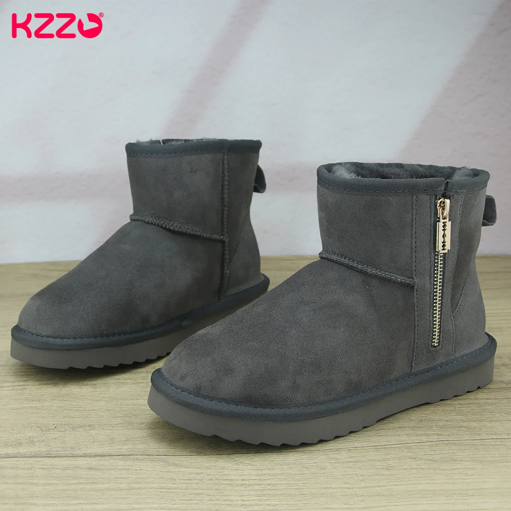 KZZO Australia Classic Winter Short Snow Boots With Zipper Men Sheepskin Leather Natural Wool Lined Ankle Warm Shoes Size 38-48