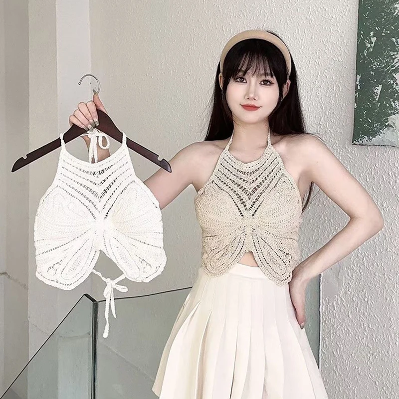 Summer Bohemia Hollow Embroidered Halterneck Backless Sleeveless Knitted Camisole For Women