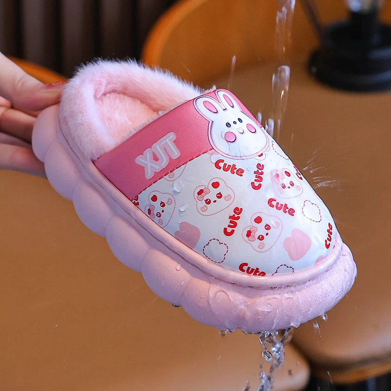 New Winter Waterproof Cute Animals Warm Indoor Mule Soft Non-slip Fluffy Slippers For Kids Boys Girls Children Home Cotton Shoes