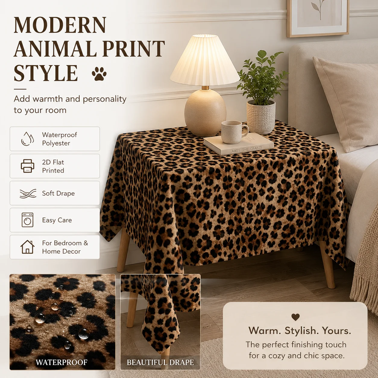Moderne Tischdecke mit Leoparden-Tiermuster, wasserdichtes Polyester, 2D-Flachdruck-Tischdecke für Schlafzimmer, Nachttisch, Frühling und Sommer