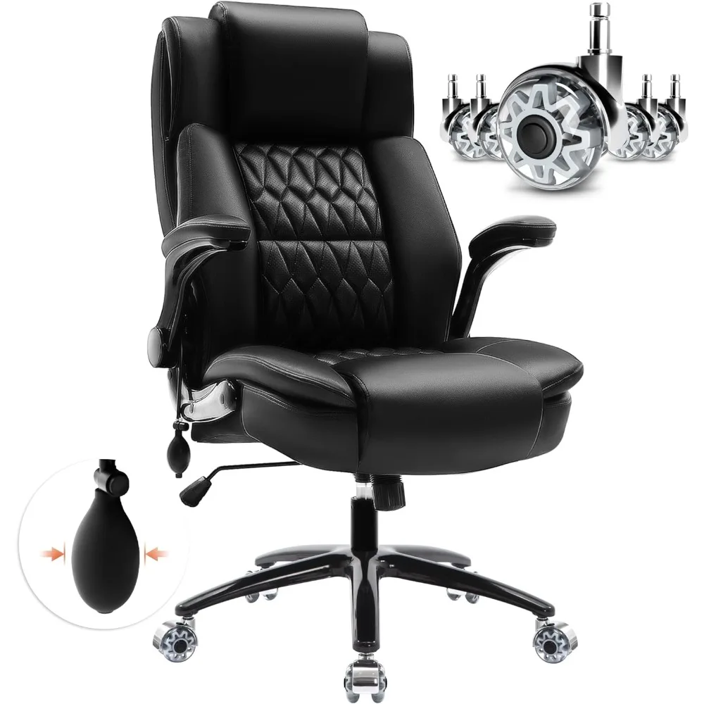 Large High Back Office Chair - Adjustable Lumbar Support, Flip Up Arms, Heavy Duty Metal Base, Breathable Bonded Leather