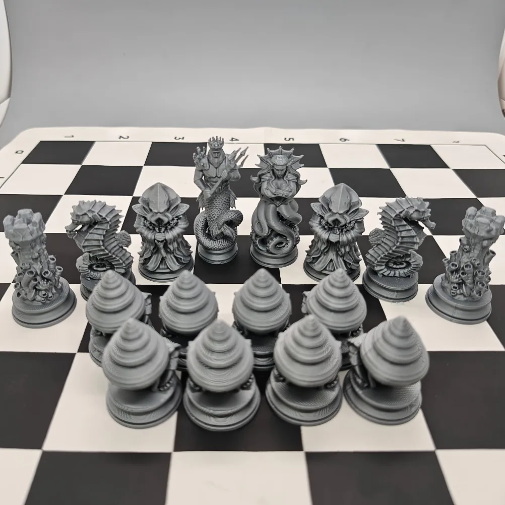 16Pcs Deep Sea Themed Chess Pieces Set 3D Printed Ocean Myth Figurines Coral Chess Ornaments for Tabletop Game & Desk Display
