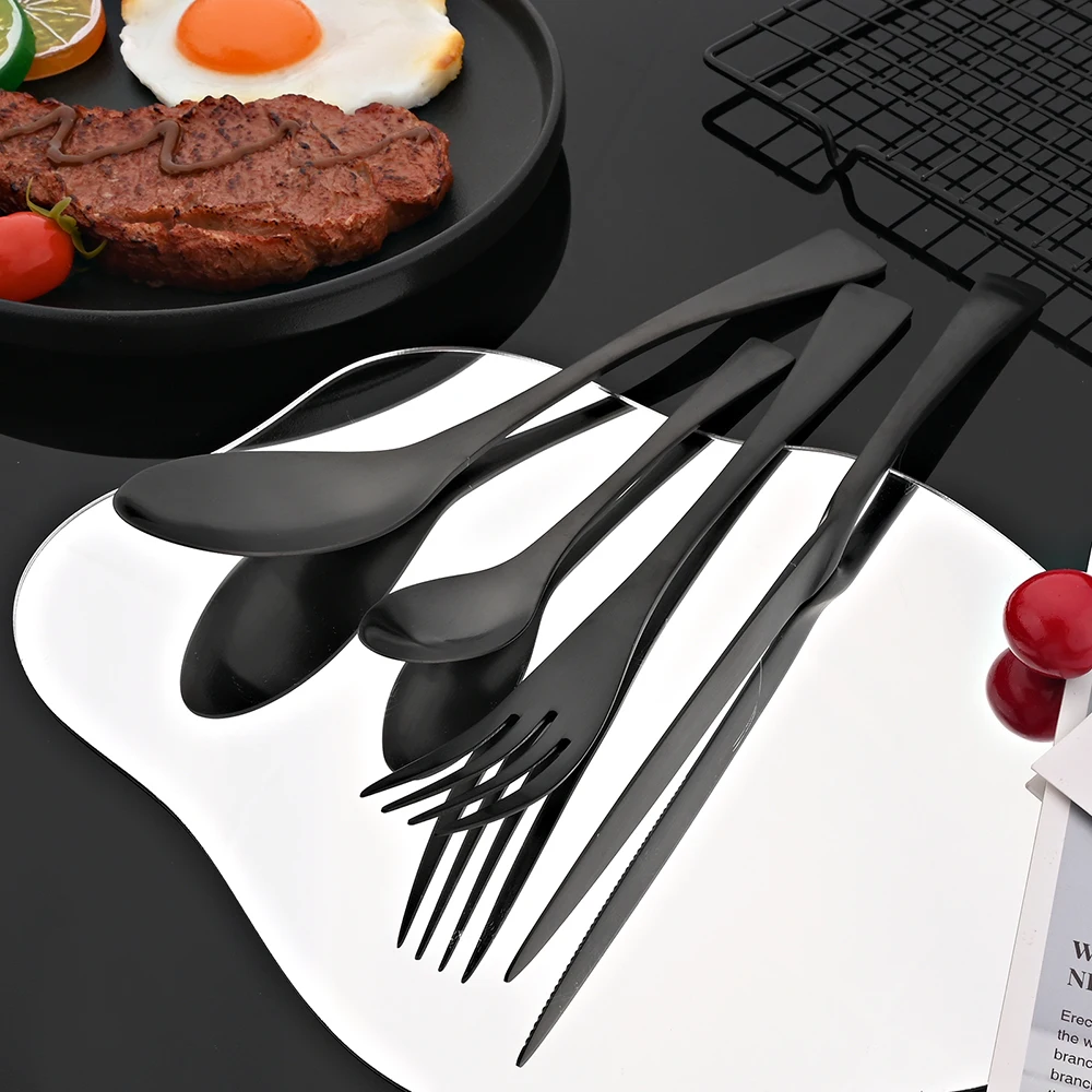 

6Set/24Pcs Black Matte Dinnerware Cutlery Set Dinner 304 Stainless Steel Knife Fork Spoon Set Western Flatware Resturant Set