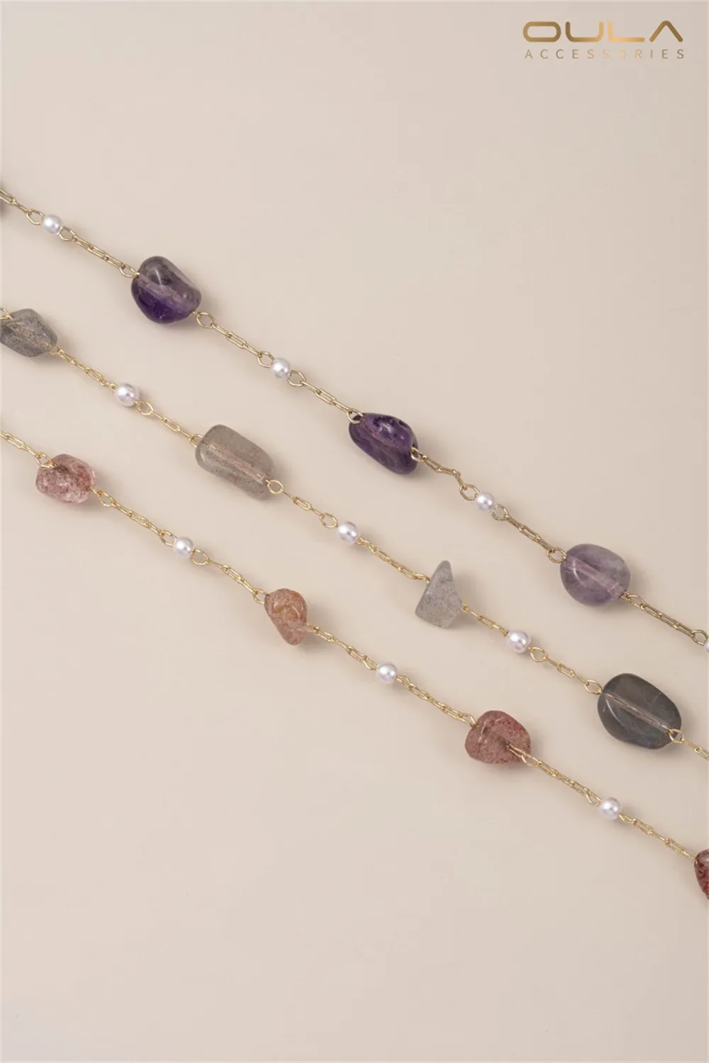 14K Gold-plated Korean Handcrafted Chain Strawberry Crystal Feldspar Amethyst Rectangular Chain Diy Bracelet Accessory
