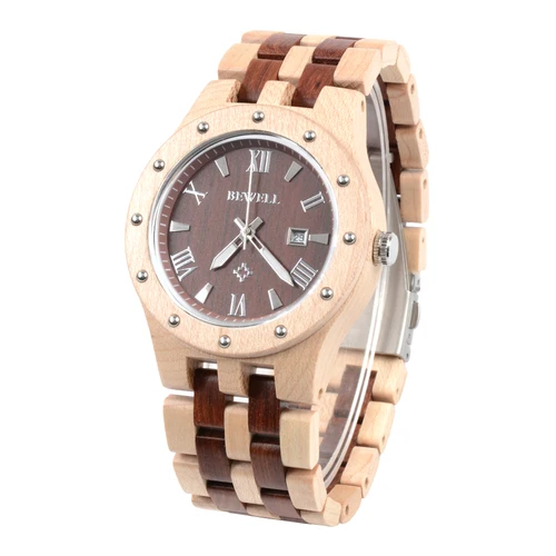 Relojes de madera para hombre Reloj de pulsera luminoso de cuarzo analógico con indicador de fecha hecho a mano