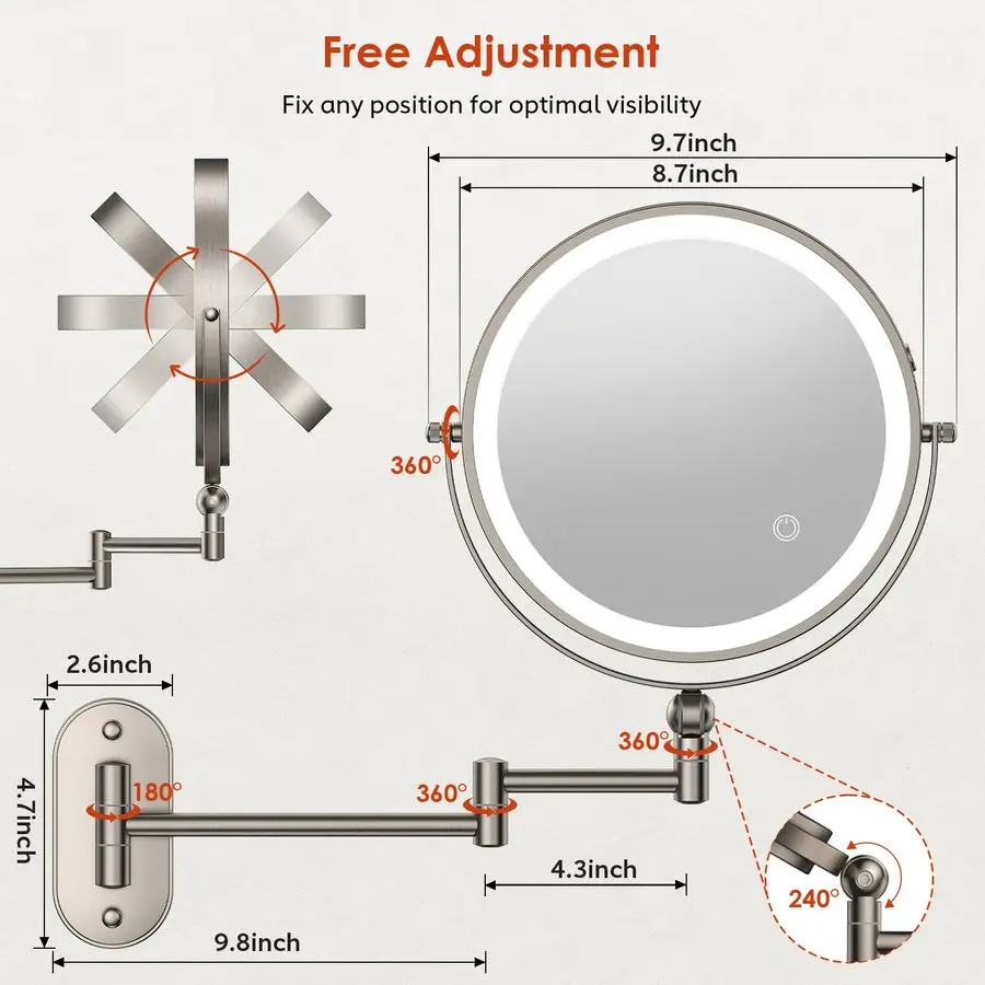 壁掛け照明付き化粧鏡、4000mAh充電式両面1X 30X拡大鏡ライト付き、タッチ調光、拡張機能付き