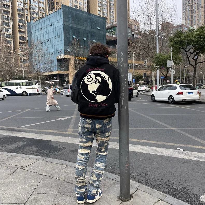 Y2k retro black eight embroidered Pu design baseball jacket baseball jacket