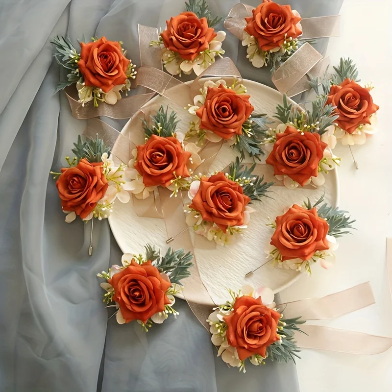 6-teiliges elegantes Boutonniere-Corsagen-Set aus Stoff für Hochzeit, Verlobung, künstliche orangefarbene Rosen, Blumen-Accessoires für Bräute und Bräutigam