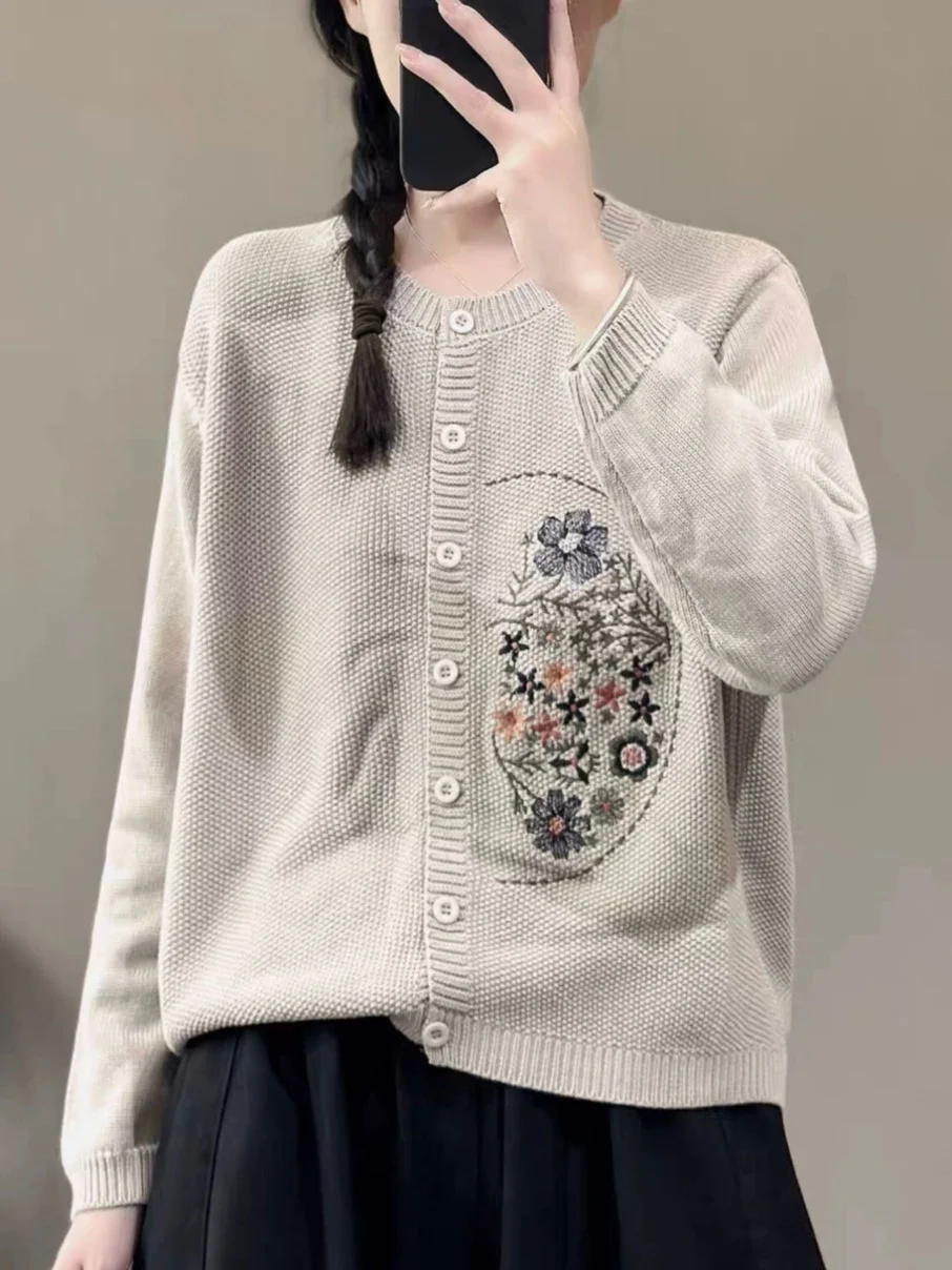 Cárdigan de punto redondo Ne holgado para mujer, ropa de abrigo de mezcla de lana con efecto adelgazante bordado, para principios de otoño
