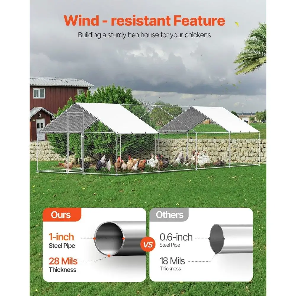金属製鶏小屋、ウォークイン式、屋根付き尖塔、9.8フィート x 26.2フィート x 6.5フィート、屋外鶏小屋、ガーデン囲い