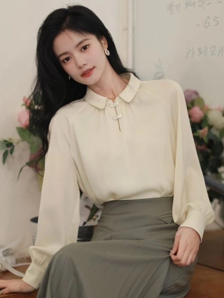 Blouse Women Elegant Temperament Chinese Style Autumn Vintage Sweet Tender Daily Minimalist Pure Romantic Mature Stylish Basic