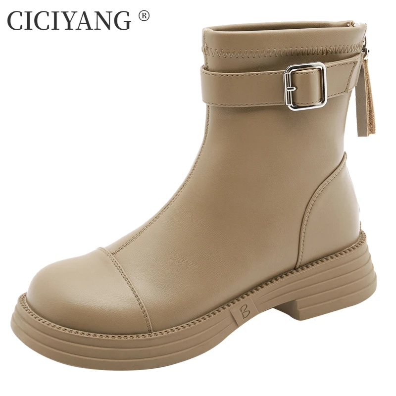 

CICIYANG Women Autumn Boots Genuine Leather 2025 New British Style Back Zipper Elastic Boots Marton Boots Ladies Ankle Boots