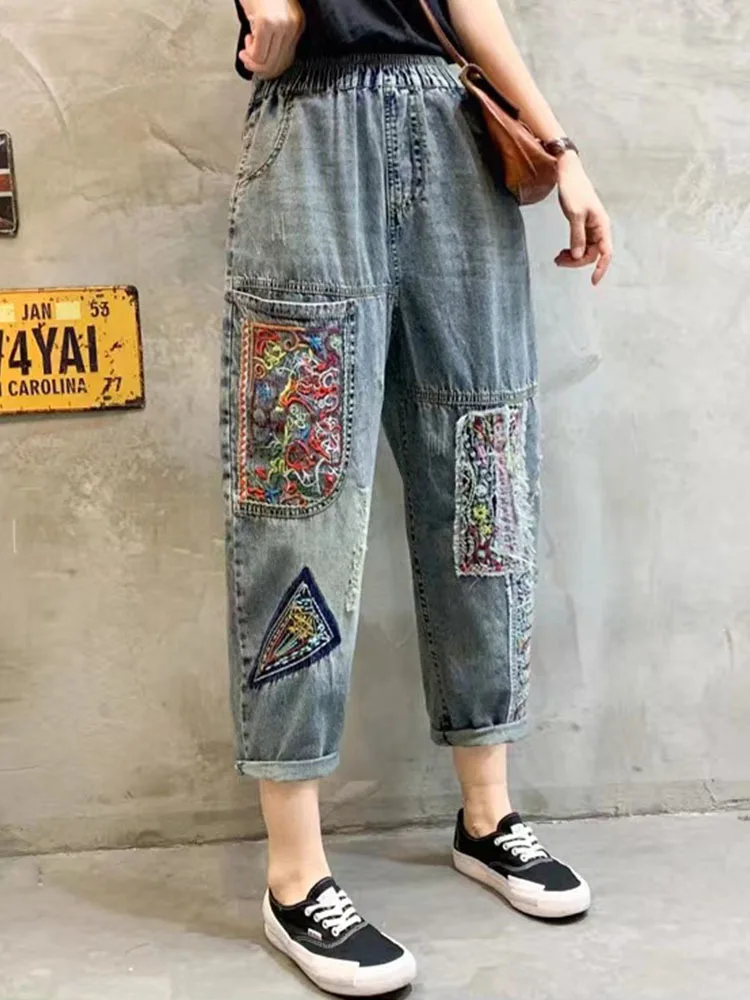 Max LuLu Summer Chinese Design Denim Pants Womens Fashion Holes Embroidery Jeans 2024 Ladies Loose Casual Vintage Harem Trousers