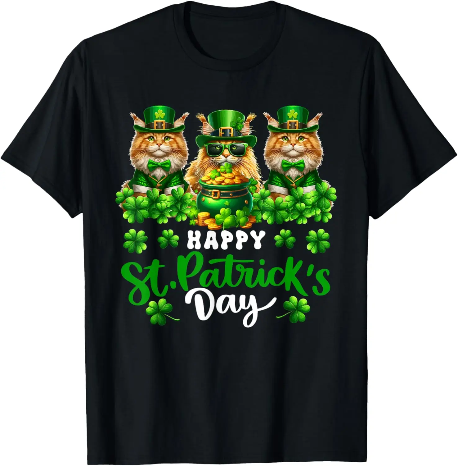 

Three Lucky Cats St Patricks Day Graphic Print Cotton Crew Neck Short Sleeve T-Shirt Men Casual