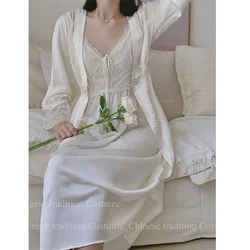 Elegant Palace Style Robe Suit Soft Rayon Home Dressing Gown Female Sexy Suspender Nightgown Long Kimono Bathrobe Suit Lingerie