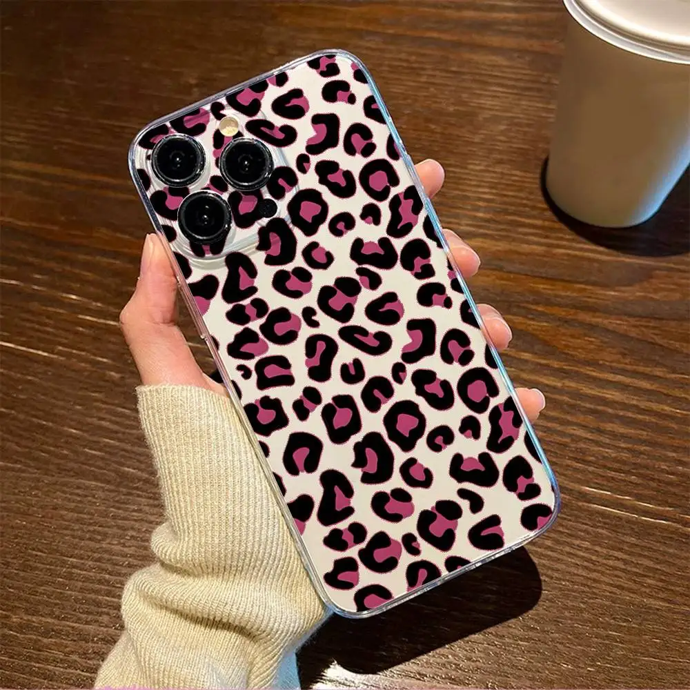 1pc Pink Leopard Print Phone Case Transparent For IPhone 17 16 15 14 13 12 11 PRO MAX PLUS Mini Soft Skin-friendly Cover