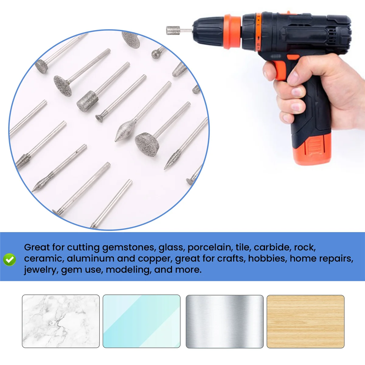 Stone Carving Set Diamond Burr Bits,20PCS Polishing Kits Rotary Tools Accessories with 1/8 Inch Shank for Carving