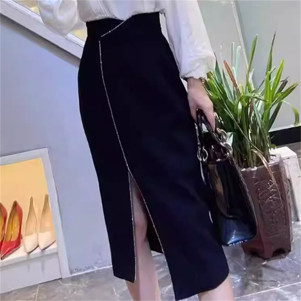 High-waisted skirt New Fashion buttocks irregularly Diamond long black skirt women