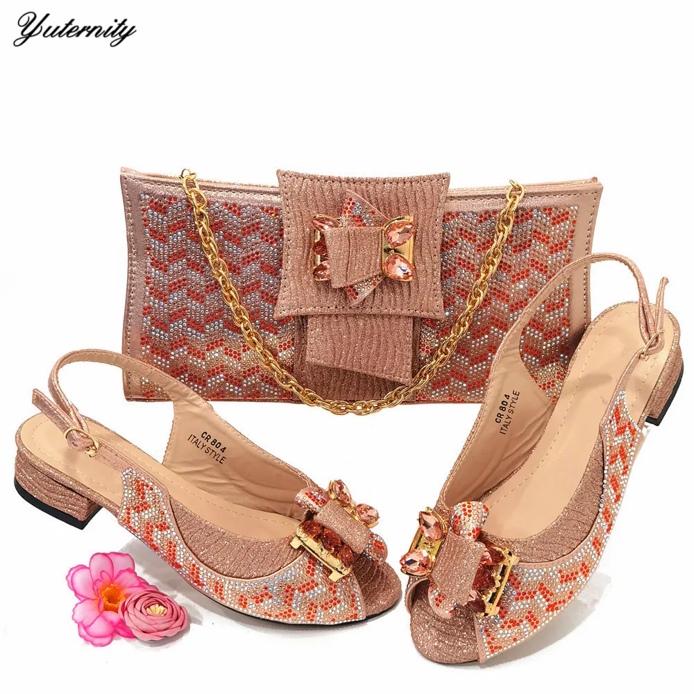 

Latest African Style Peach Color High Heels 2.8CM Shoes With Bag Set Italian Summer Women Party Shoes And Bag Matching Set