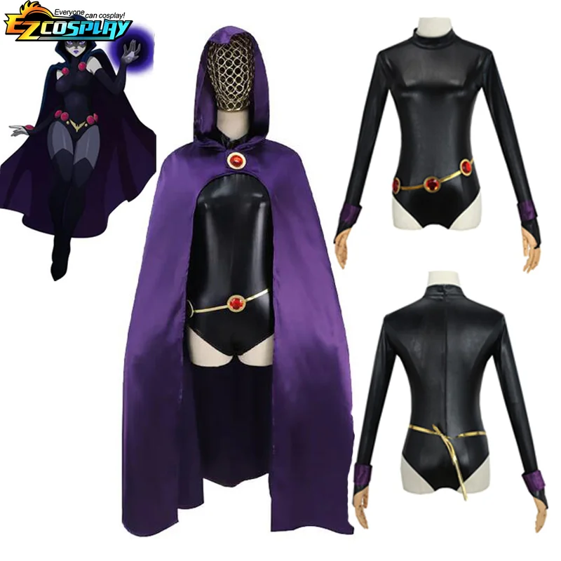 Teen Titans Raven Cosplay Costume, Deluxe Jumpsuit, Everak Belt, trempé, Halloween Uniform for Women XS-3XL