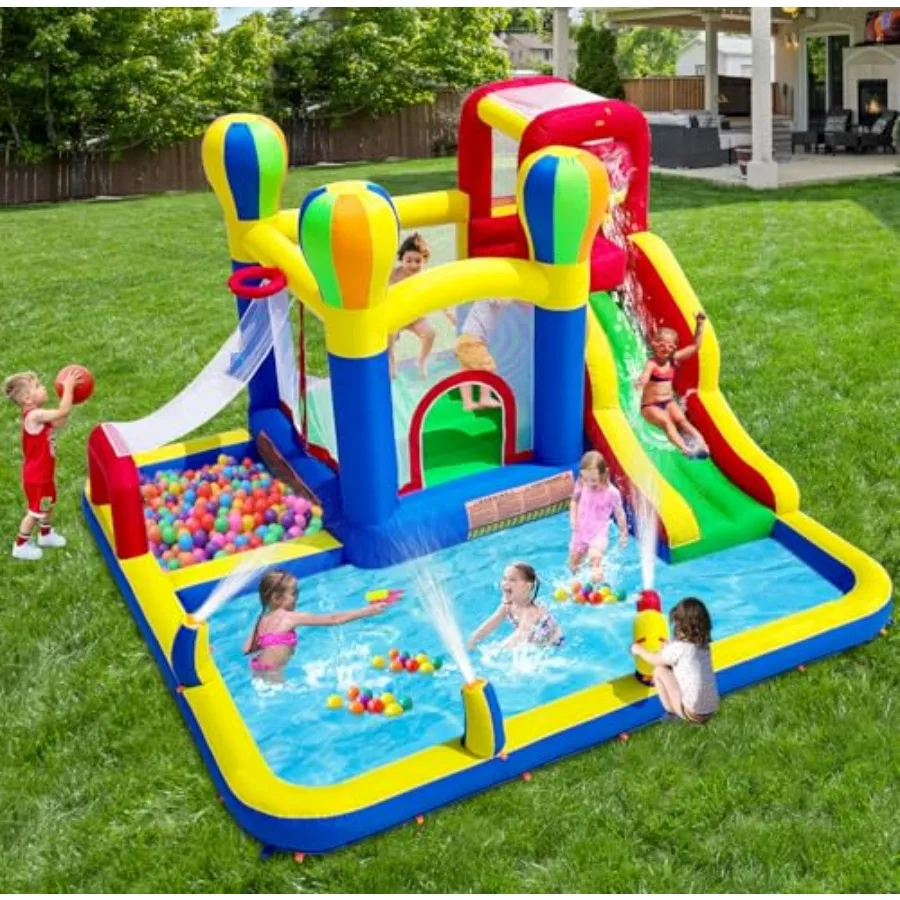 Backyard inflatable bounce house with water slide PVC material blue and yellow includes 4 sprinklers and 2 splash pools for coo view 2