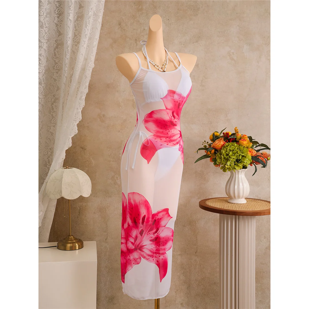 Mit Blumenmuster, Neckholder-Bikini, Damen-Badeanzug, dreiteiliges Bikini-Set, Badebekleidung, Badeanzug, Schwimmbekleidung V8204 – Detail 7