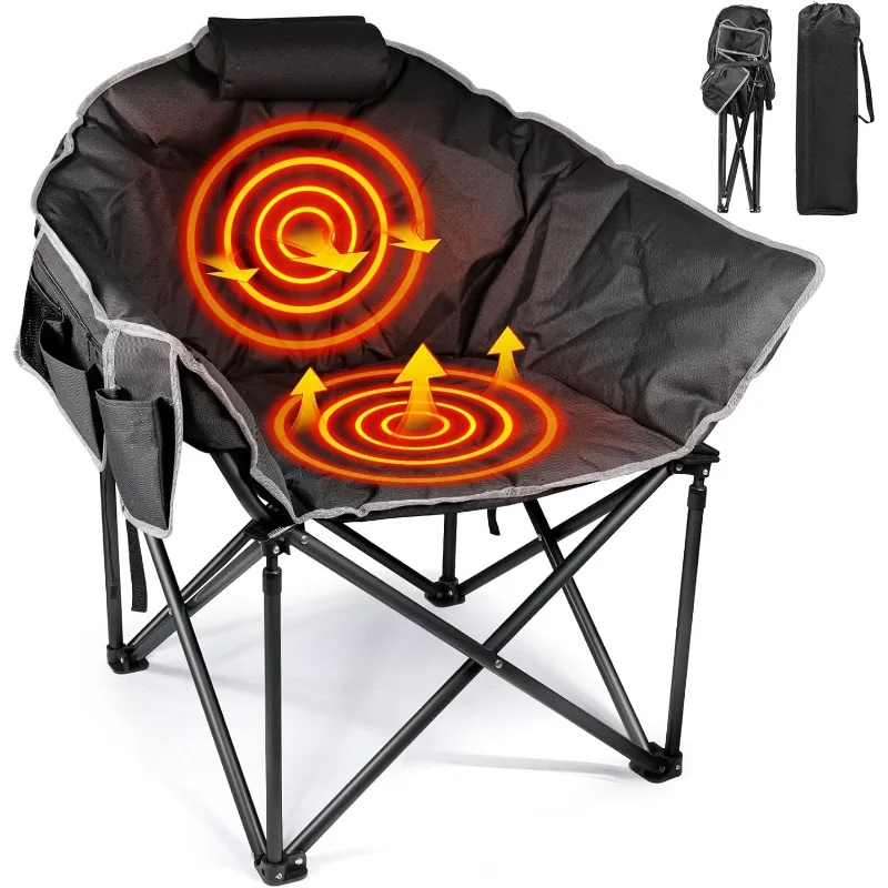 Heated Camping Chair, W/3 Heat Levels for Back & Seat, Portable Folding Heated Lawn Chairs for Patio (Battery NOT Included)