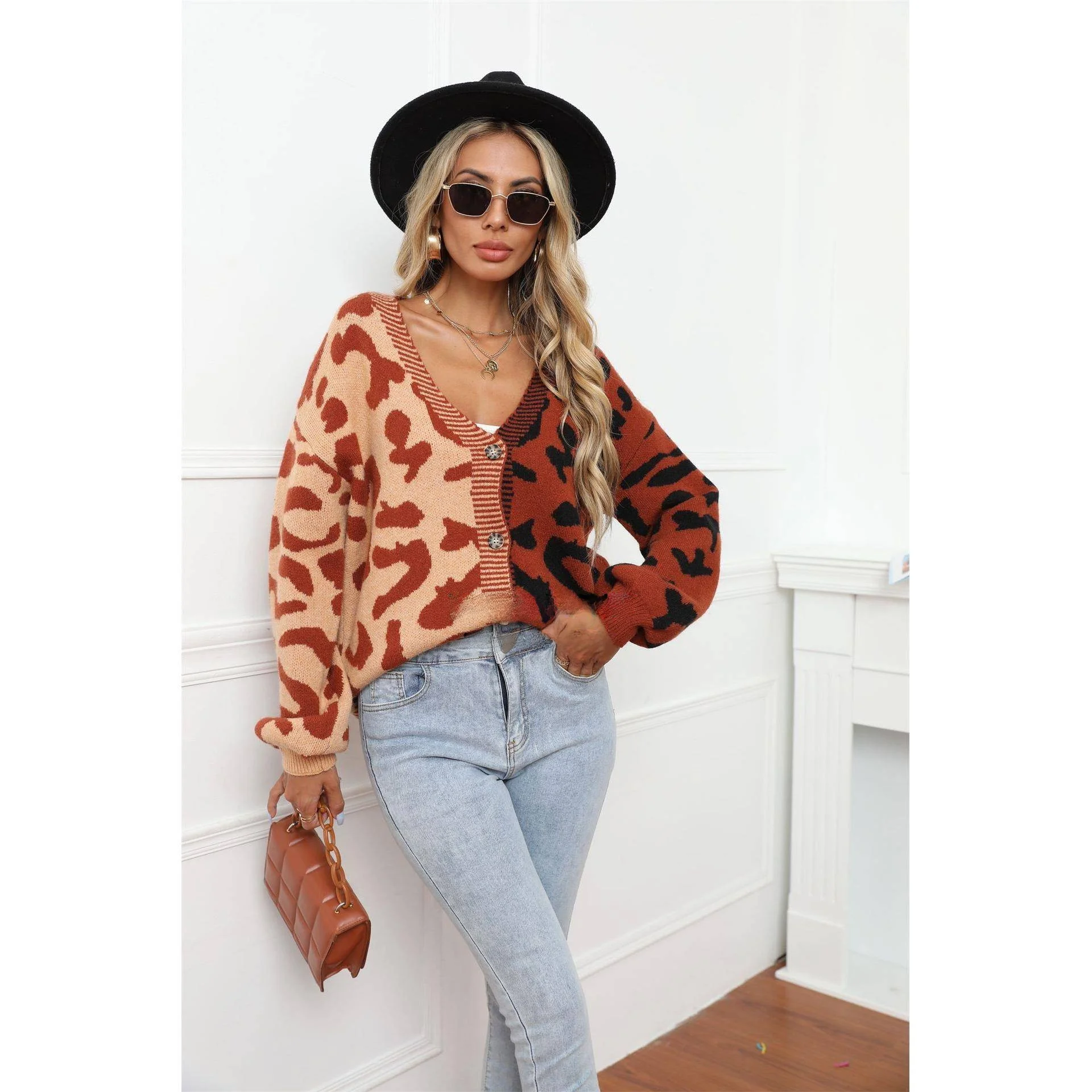 Zimowy sweter-płaszcz z dzianiny w panterkę dla kobiet, zapinany na guziki, casualowa odzież wierzchnia, ażurowy sweter typu lantern.