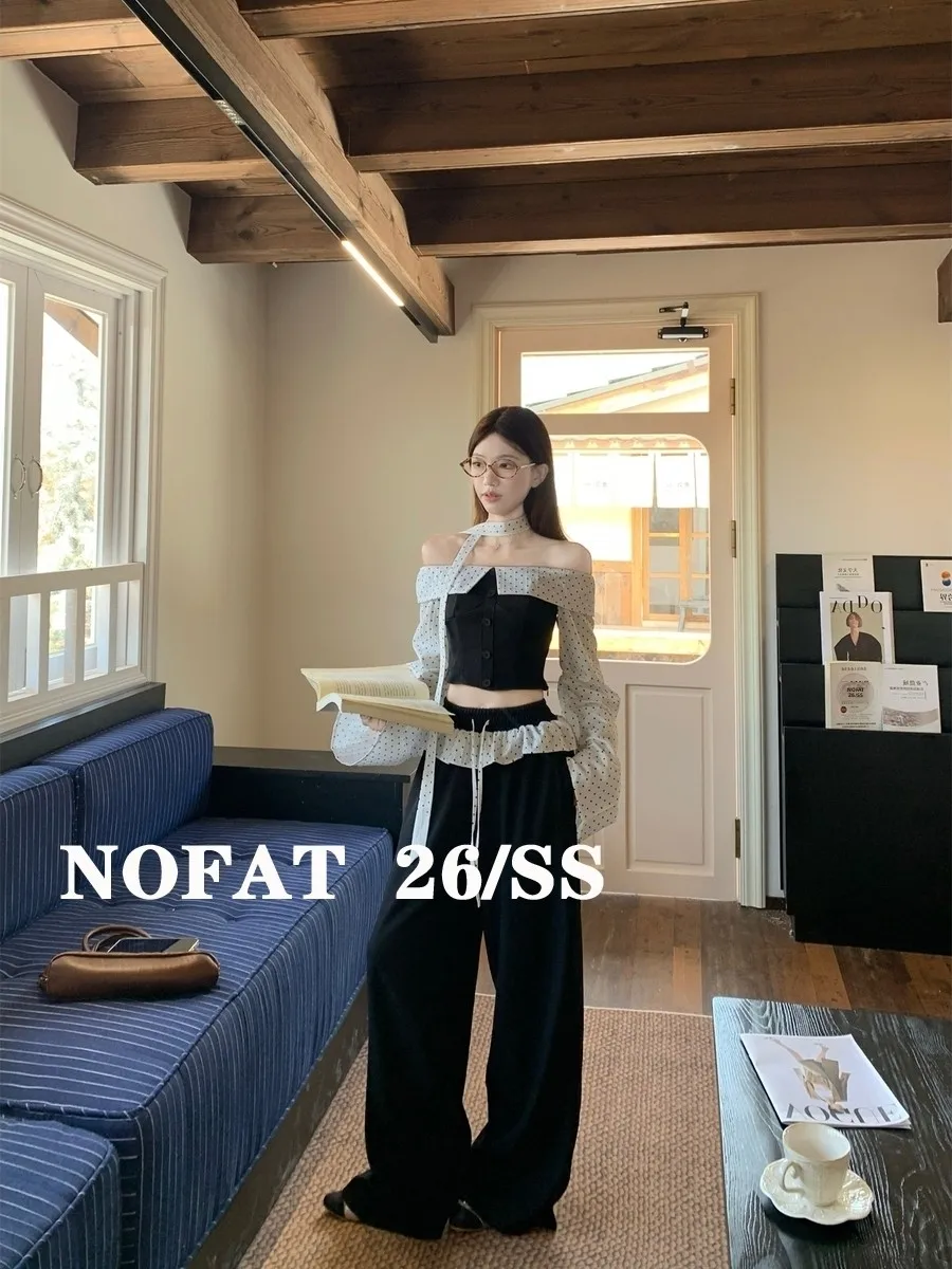 nofat-spicy-girl-polka-dot-ballet-style-long-sleeve-one-shoulder-short-crop-top-women's-black-wide-leg-pants-set-autumn-fashion