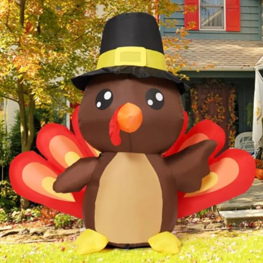 

4FT Thanksgiving Decorations Inflatables Turkey Baby Blow Up Yard Decoration with Built-in LEDs for Outdoor Garden Lawn