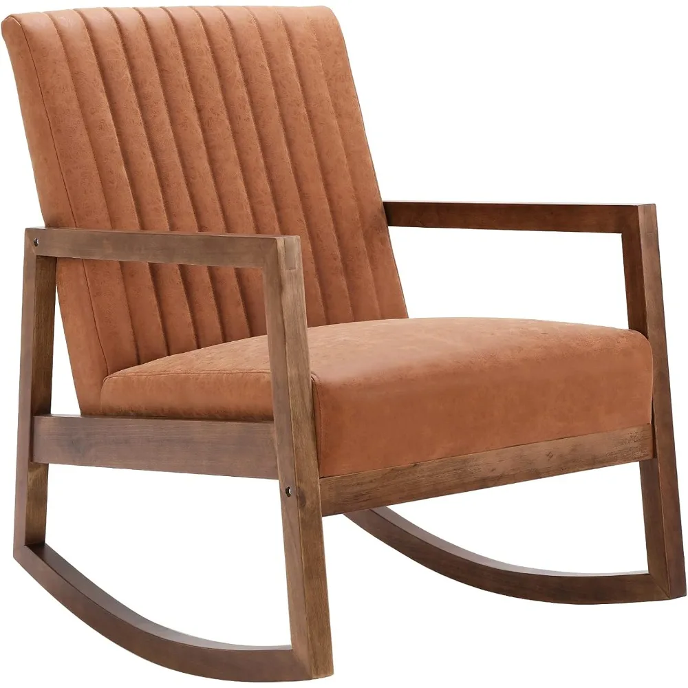 

Medieval wooden frame rocking chair, faux leather decorated farmhouse living room chair, used for living room and bedroom, burnt