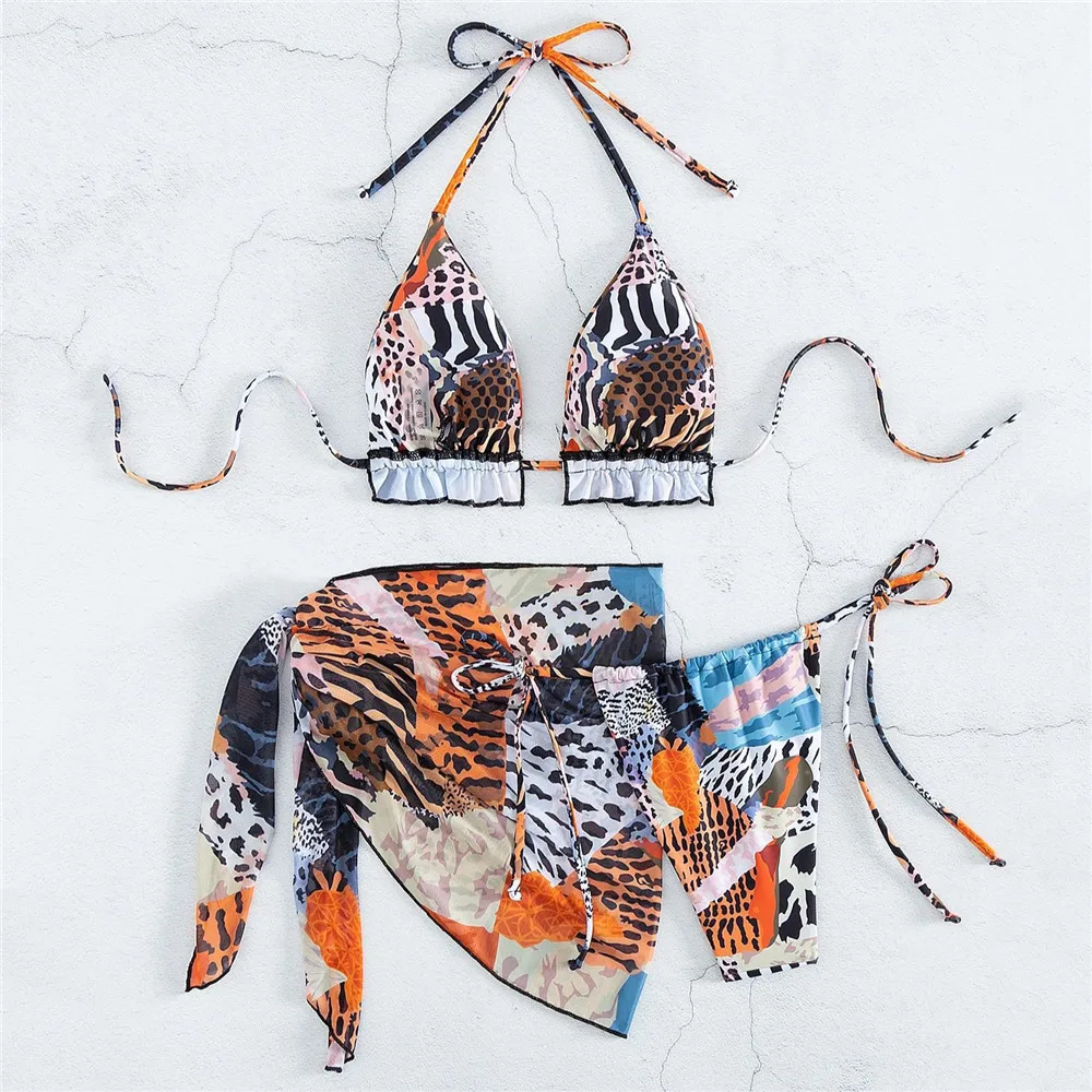 Color Leopard Print String Halter Bikinis Sets 3 Pieces Micro Thong Sexy Swimsuit Women Cover Ups Swimwear 2026 Beachwear Bikini