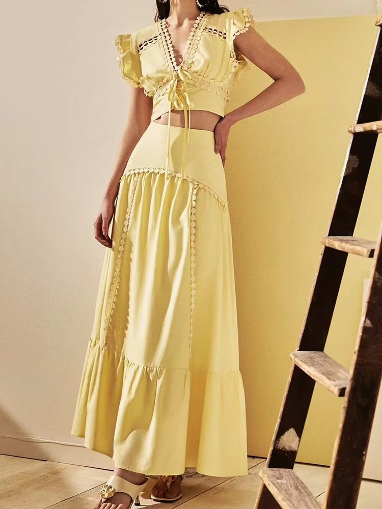 Fashion women's suit summer new hollow splicing V-neck short open waist top+high waist skirt temperament two-piece dress