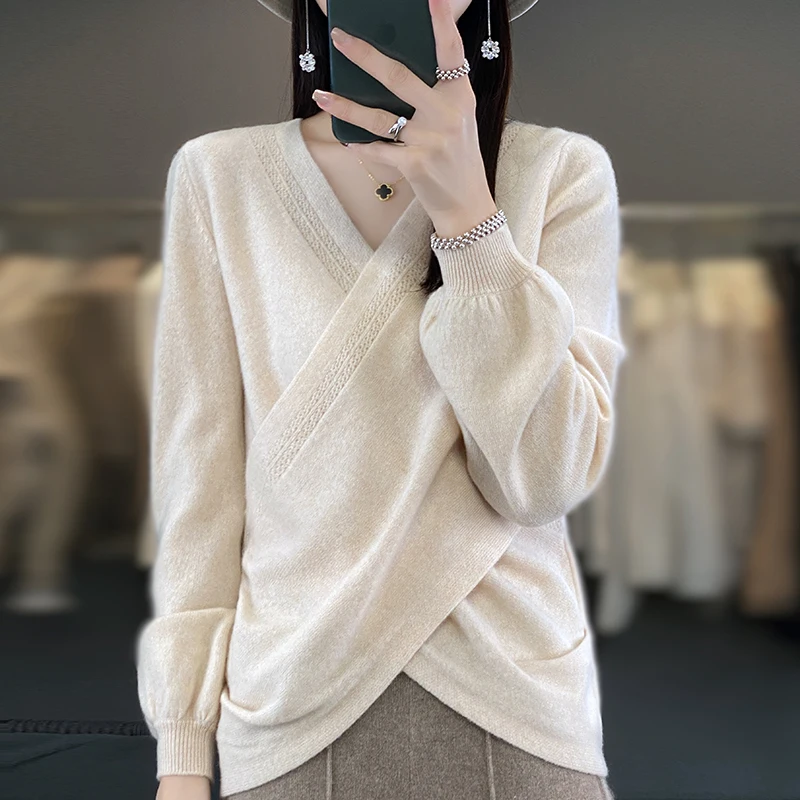 Women 100% Fine Merino Wool Sweater Cross V-neck Lantern Sleeve Pullover Autumn Winter Cashmere Casual Knit Warm Irregular Tops