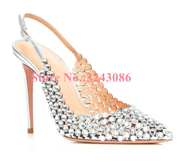 New Style Silver Crystal Sandals Woman Fashion Pointed Toe Thin Heel Single Shoes Sexy Lady Rhinestone Banquet High Heels