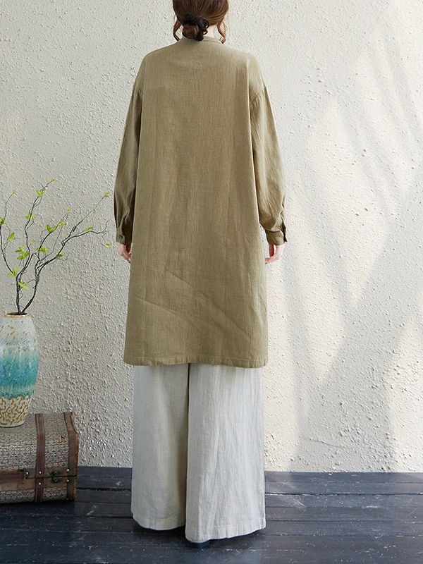 لون فني نقي من القطن والكتان متوسط الطول irt مقاس كبير للنساء بياقة واقفة طويلة Sve Zen Sle مفتوحة... #3