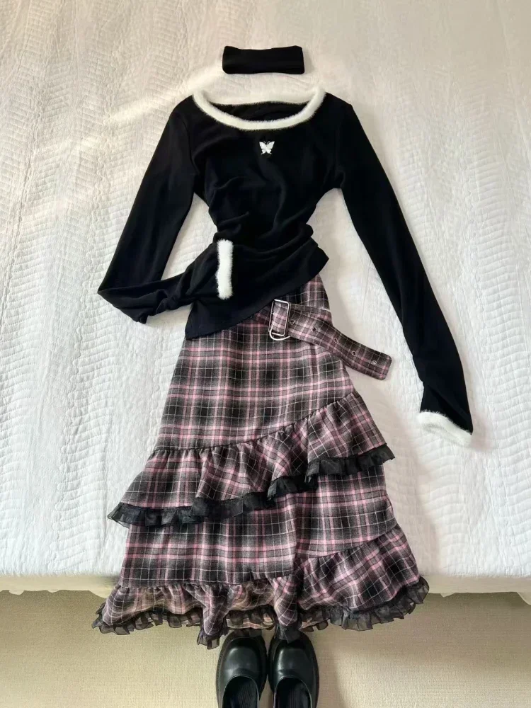 Winter France Vintage Slim 2-piece Set Women High Street Y2k Long Sleeve O-neck Solid Tops Female + Elastic Waist Plaid Skirt