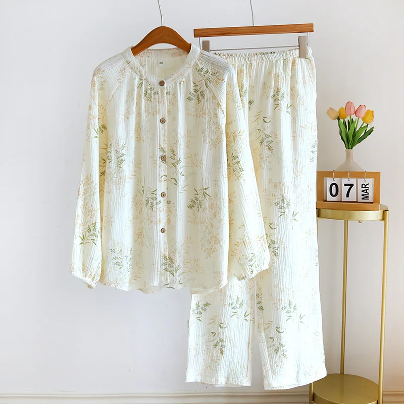 

Spring Autumn Floral Washed Crepe Round Neck Long-sleeved Pajamas 2PCS Women's Thin Cotton Cardigan Casual Loungewear Set
