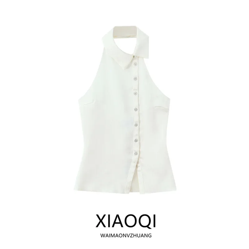 Spring 2026 Women's Fashion Design Flip-Cover Quality Neck Hanging Shirt No Chest Pad Hanging Neck Style Other Material 100%