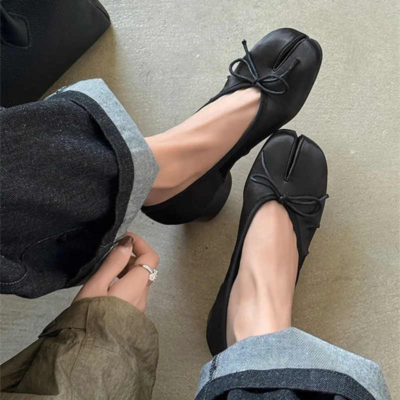 Spring Summer Luxury Satin Bowknot Split toe Women Pumps Ballet Style Fashion Pleated Tabi Low Heeled Casual Loafers Lazy shoes view 6
