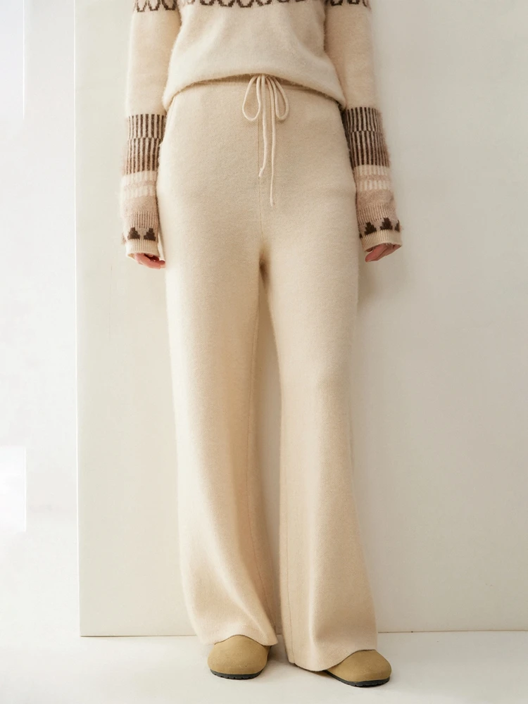 Thick Autumn Winter Casual Straight-Leg Pants Women's 100% Cashmere Knitted Trousers Basic Solid Warm Soft Comfort Bottoms
