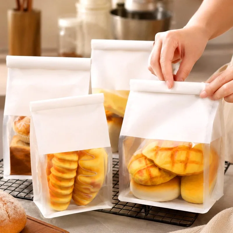 10/30Pcs Kraft Paper Bread Bags with Clear Window Self Seal Rolled Edge Bakery Packaging Moisture Proof Toast Pastry Storage Bag