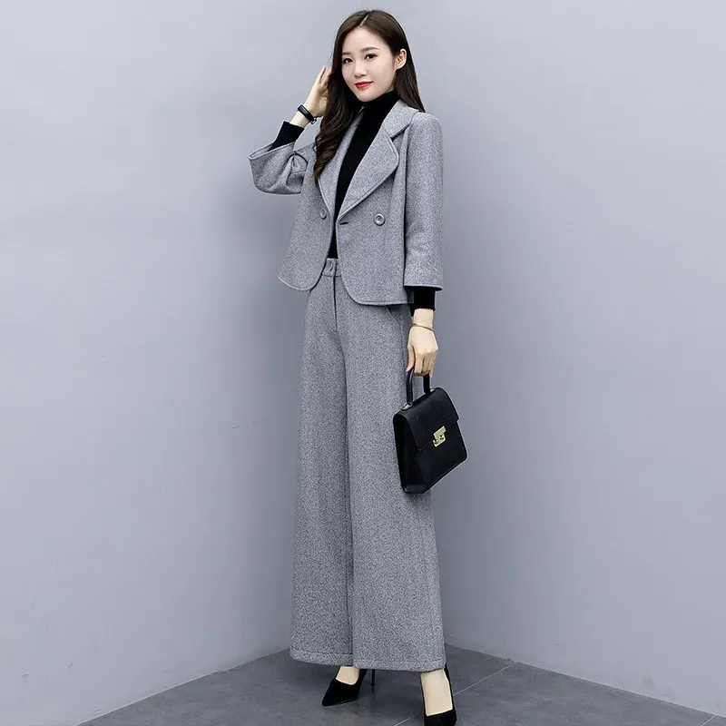 

Women's Blazer Pants Suit Fashion Commuter Double-breasted Top Jacket Elastic Waist Loose Wide-legged Trousers 2pcs Matching Set