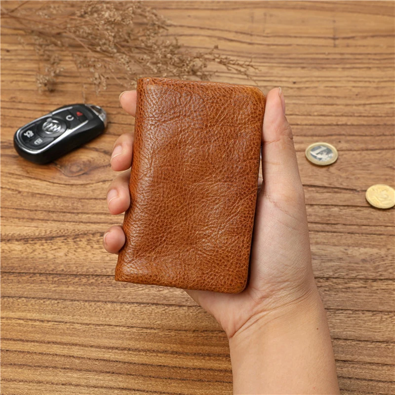 Genuine Leather Wallet For Men Women Vintage Cowhide Short Bifold Small Slim Men\'s Purse Card Holder With Zipper Coin Pocket Bag