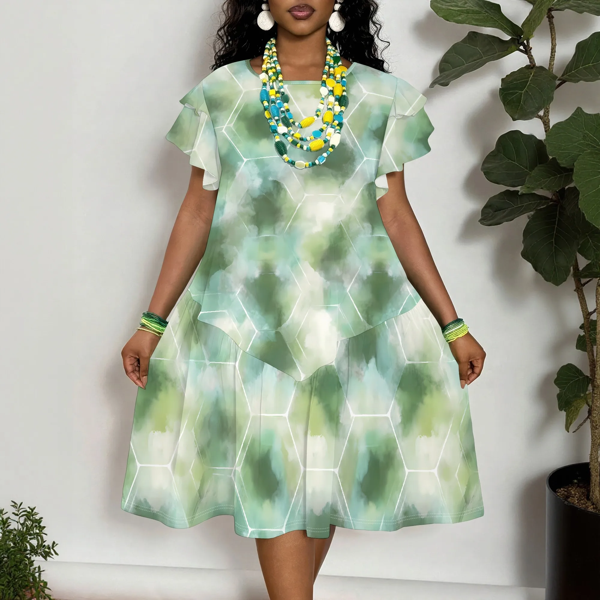 

Green Printed Dress, Short Sleeve Tunic Dress, Ruffle Neck Summer Dress, Casual Beach Party Wear for Women, XL-6XL