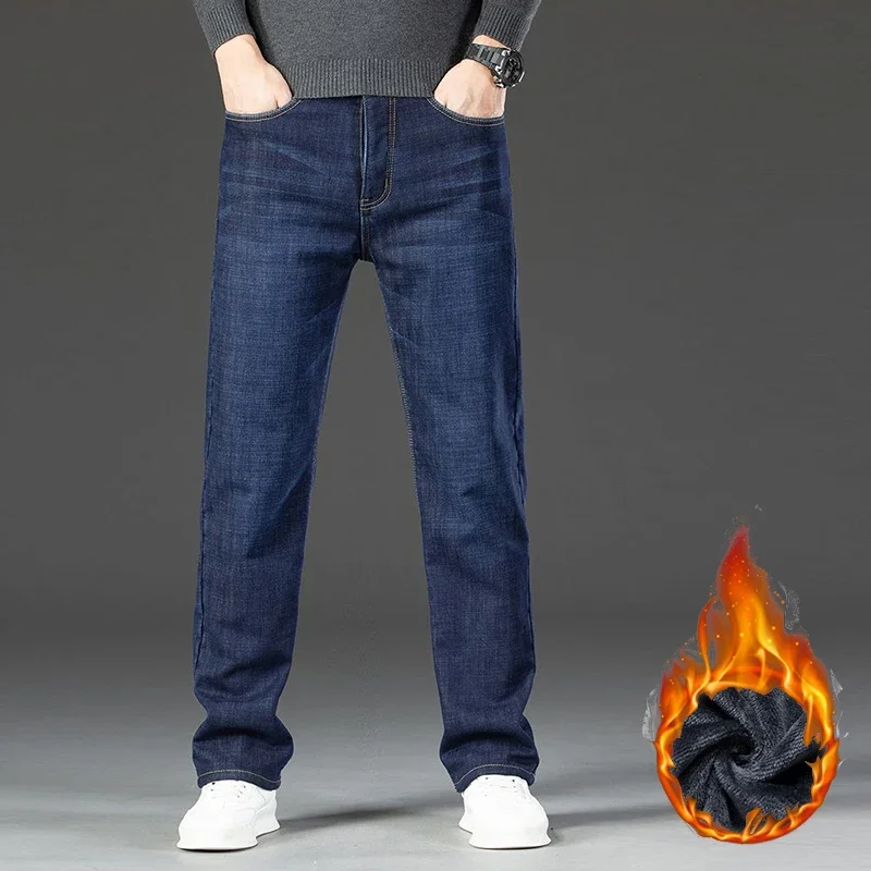 

2025 New Men Winter Fleece Lined Thickened Jeans Male Warm Windproof Baggy Straight Denim Pants Fashion Solid Color Trousers